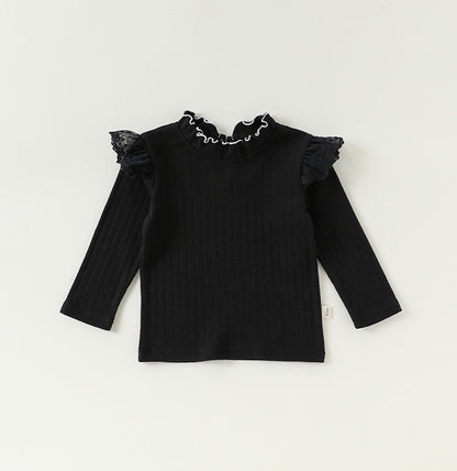 Ruffled Collar Cotton Base Shirt フリルカラー コットン 長袖Tシャツ【mh0012323】 Black / 73cm Beitaoya