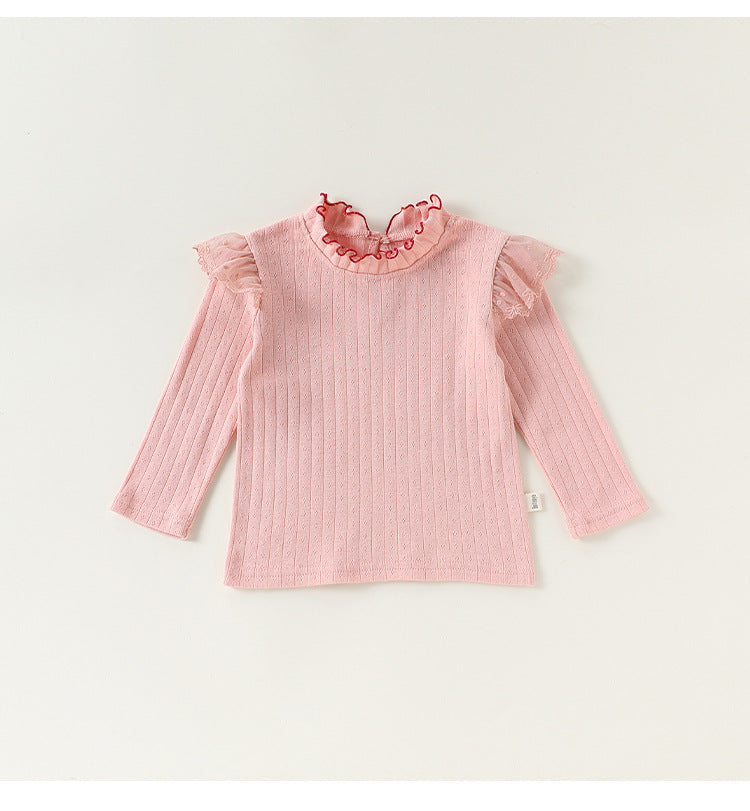 Ruffled Collar Cotton Base Shirt フリルカラー コットン 長袖Tシャツ【mh0012323】 Pink / 73cm Beitaoya