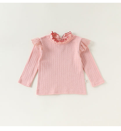 Ruffled Collar Cotton Base Shirt フリルカラー コットン 長袖Tシャツ【mh0012323】 Pink / 73cm Beitaoya