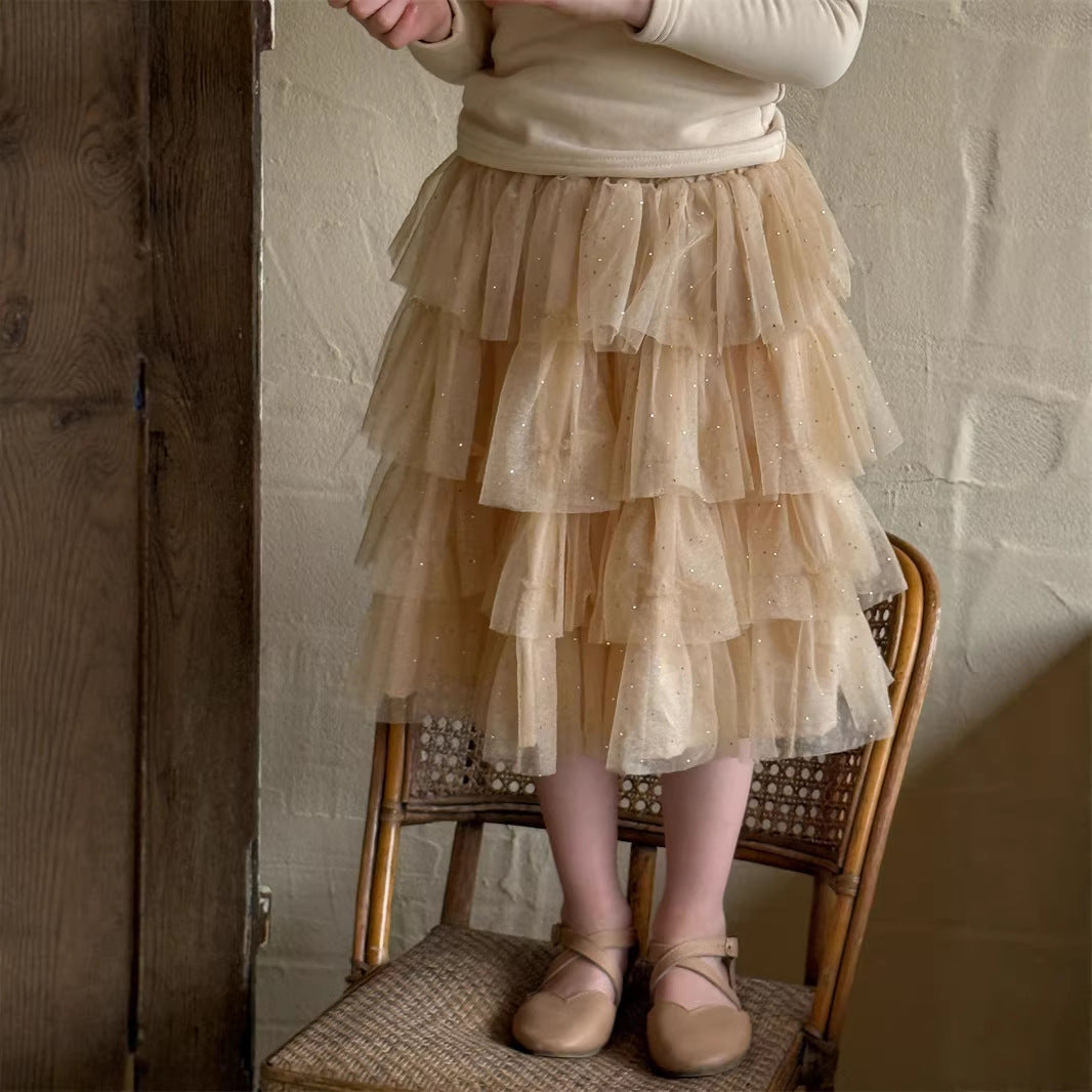 Sequin Tiered Midi Skirt スパンコール ティアード ミディ丈スカート【mh0012424】 90cm / Khaki mamahalo shop