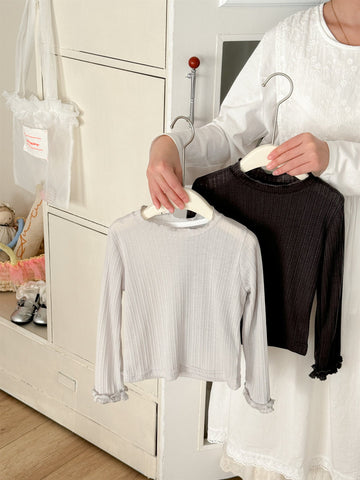 Sheer Ribbed Ruffle T-shirt シアーリブ ラッフル袖 長袖Tシャツ【mh0012295】 Laibaobao