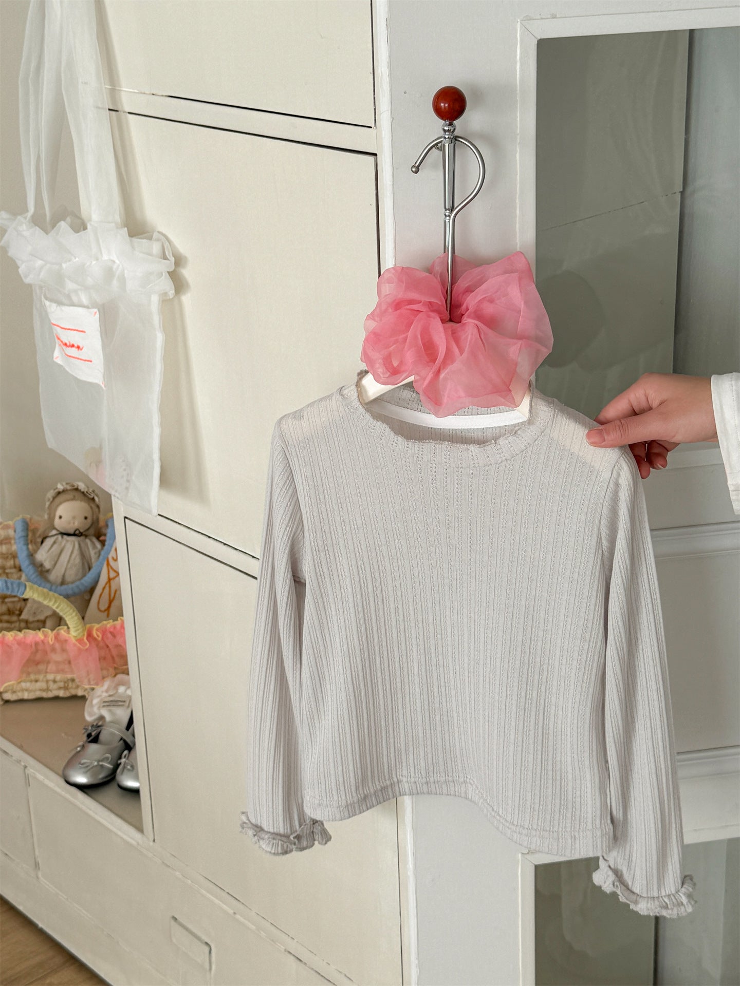 Sheer Ribbed Ruffle T-shirt シアーリブ ラッフル袖 長袖Tシャツ【mh0012295】 Laibaobao