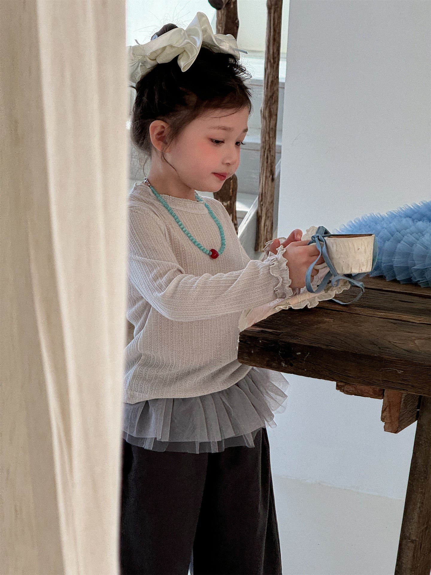 Sheer Ribbed Ruffle T-shirt シアーリブ ラッフル袖 長袖Tシャツ【mh0012295】 Laibaobao