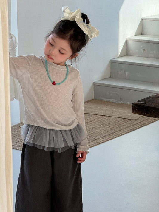 Sheer Ribbed Ruffle T-shirt シアーリブ ラッフル袖 長袖Tシャツ【mh0012295】 Laibaobao