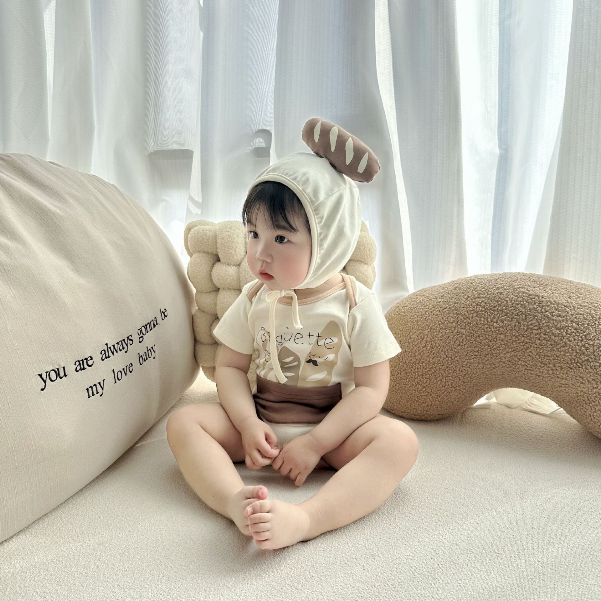 Short Sleeve Baguette Print Romper フランスパン 半袖ロンパース コスチューム【mh0013382】 Beige / 66cm TOMMY'S GIFTS 半袖ロンパース