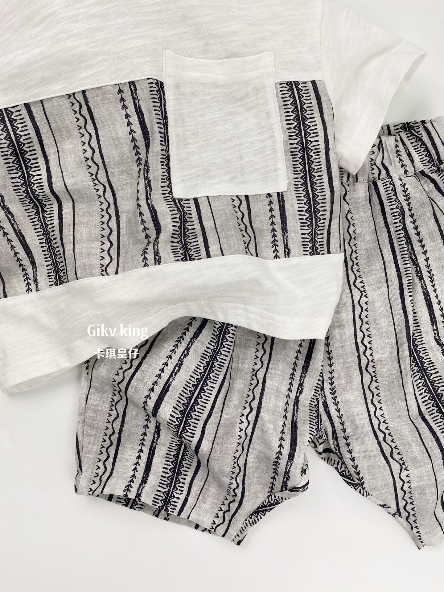 Short Sleeve Pocket Top Striped Shorts 幾何学模様 ストライプ 半袖セットアップ【mh0012829】 Gikv king 半袖セットアップ
