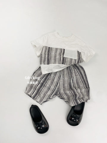 Short Sleeve Pocket Top Striped Shorts 幾何学模様 ストライプ 半袖セットアップ【mh0012829】 Gikv king 半袖セットアップ