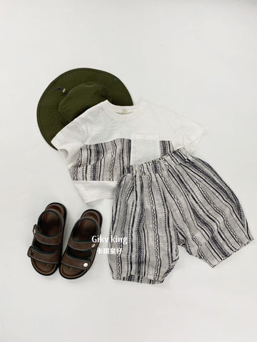 Short Sleeve Pocket Top Striped Shorts 幾何学模様 ストライプ 半袖セットアップ【mh0012829】 Gikv king 半袖セットアップ
