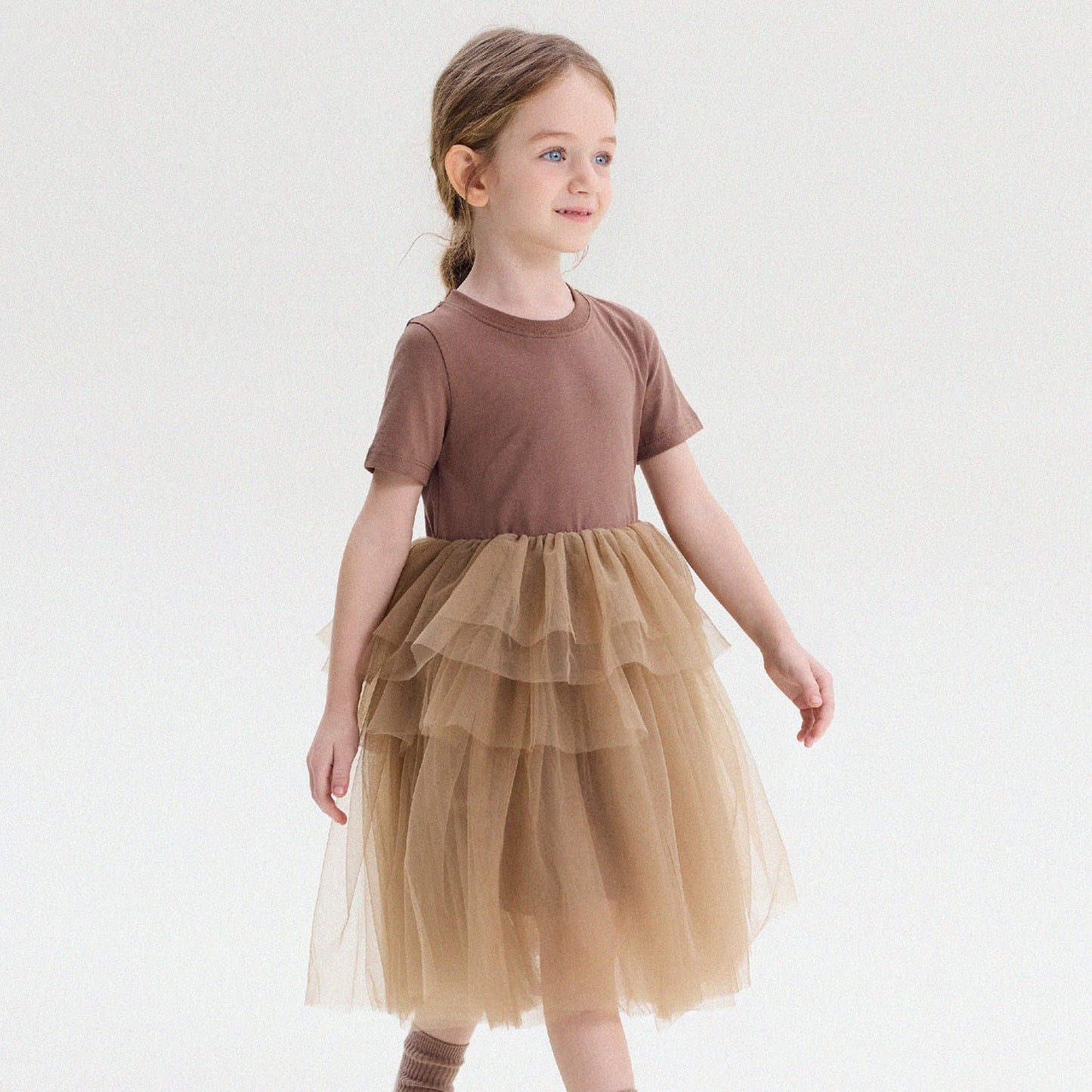 Short Sleeve Tiered Tulle Dress ドッキング 半袖ワンピース【mh0013183】 Coffee / 90cm yunerma 半袖ワンピース
