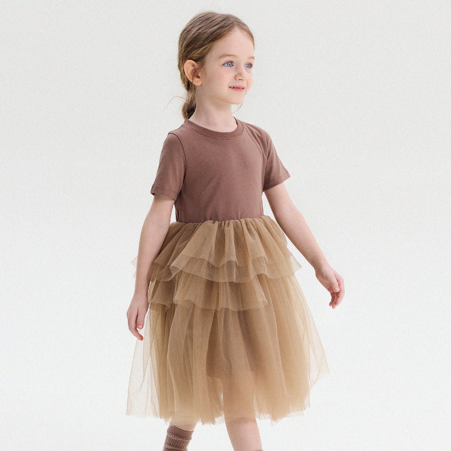Short Sleeve Tiered Tulle Dress ドッキング 半袖ワンピース【mh0013183】 Coffee / 90cm yunerma 半袖ワンピース