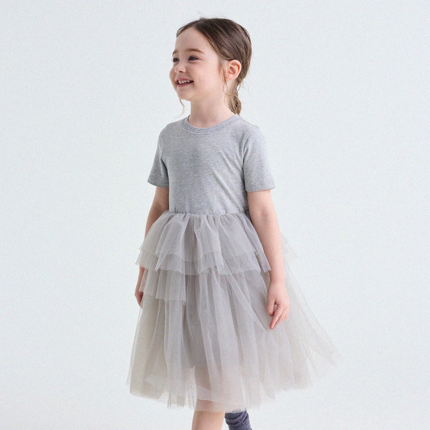 Short Sleeve Tiered Tulle Dress ドッキング 半袖ワンピース【mh0013183】 Gray / 90cm yunerma 半袖ワンピース