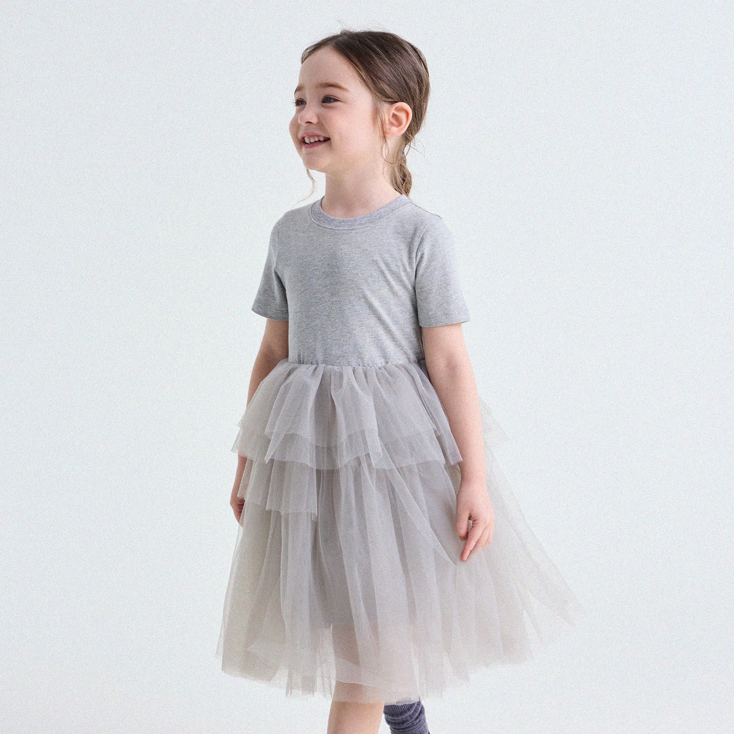 Short Sleeve Tiered Tulle Dress ドッキング 半袖ワンピース【mh0013183】 Gray / 90cm yunerma 半袖ワンピース