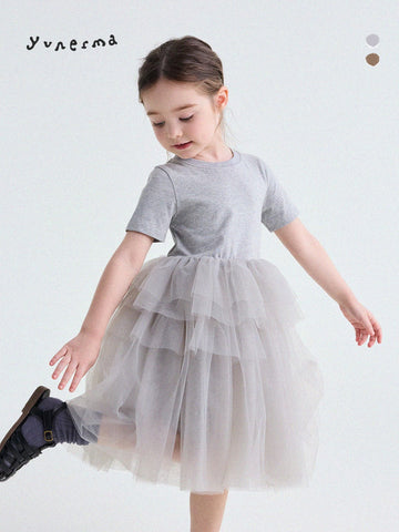 Short Sleeve Tiered Tulle Dress ドッキング 半袖ワンピース【mh0013183】 yunerma 半袖ワンピース