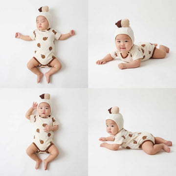 Short Sleeved Squirrel Print Jumpsuit With Chestnut Hat リスプリント 半袖ロンパース【mh0013360】 TOMMY'S GIFTS 半袖ロンパース