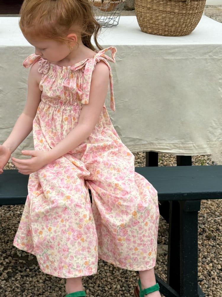 Shoulder Tie Textured Floral Jumpsuit 小花柄 スクエアネックサロペット【mh0012819】 Chengle サロペットパンツ・サスペンダーパンツ