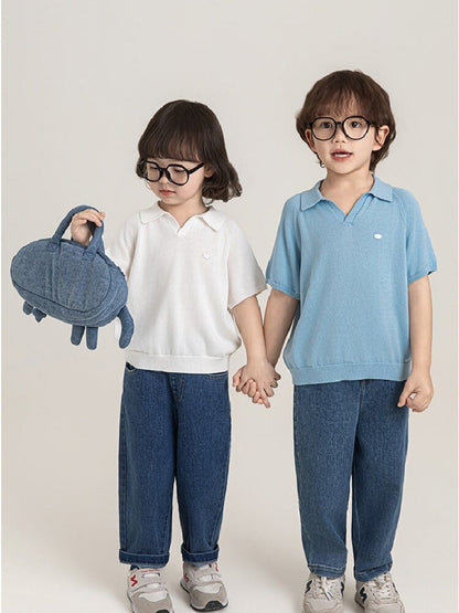 子ども用サマーニットVネックポロシャツ（半袖）ホワイト、前面・全体