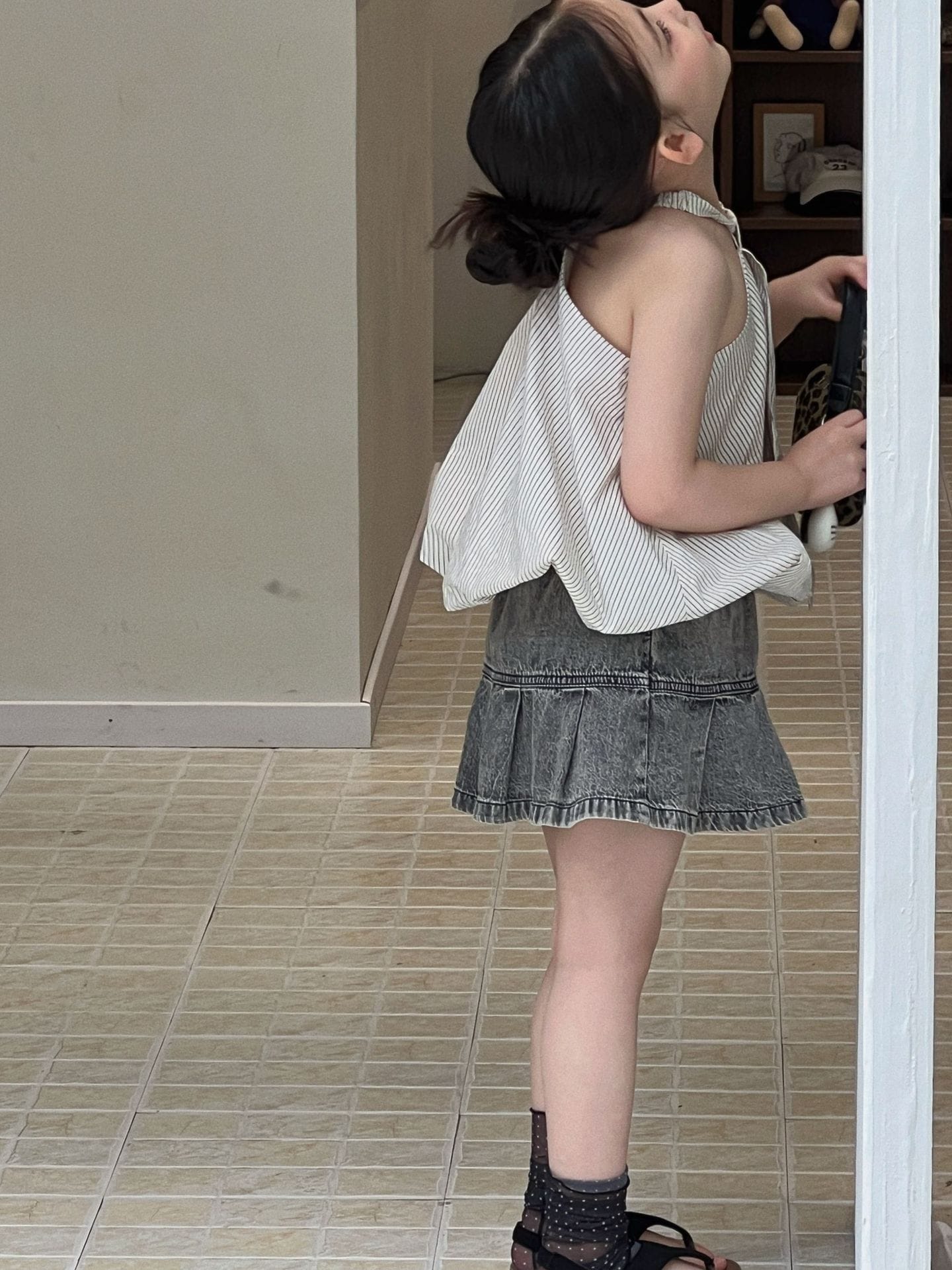 Slab Top Denim Skirt Pants ストライプ ノースリーブトップス デニムパンツインスカート【mh0013296】 Mu Zika ノースリーブセットアップ