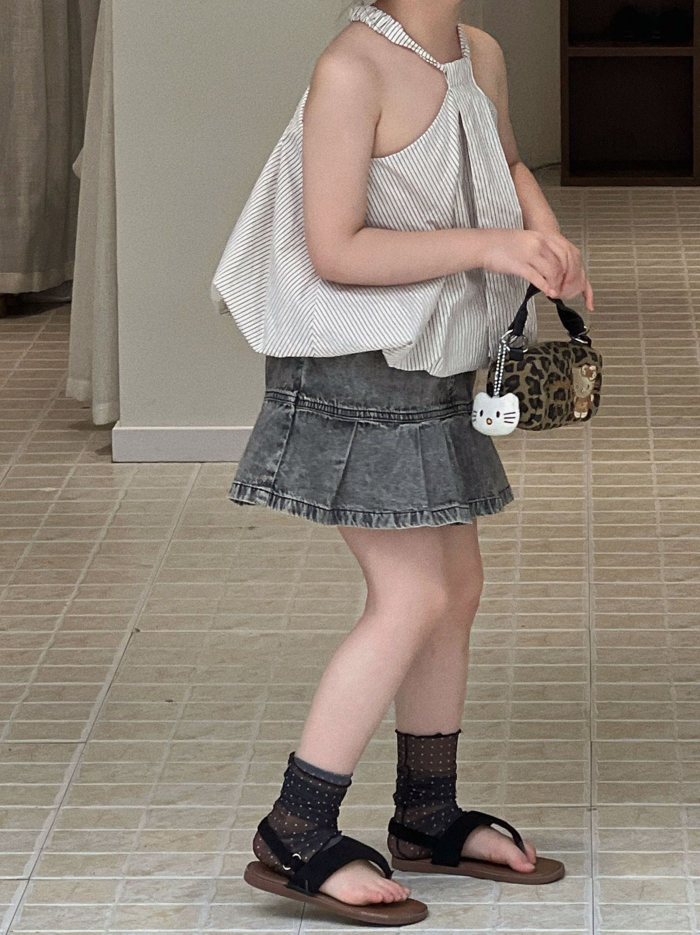 Slab Top Denim Skirt Pants ストライプ ノースリーブトップス デニムパンツインスカート【mh0013296】 Mu Zika ノースリーブセットアップ