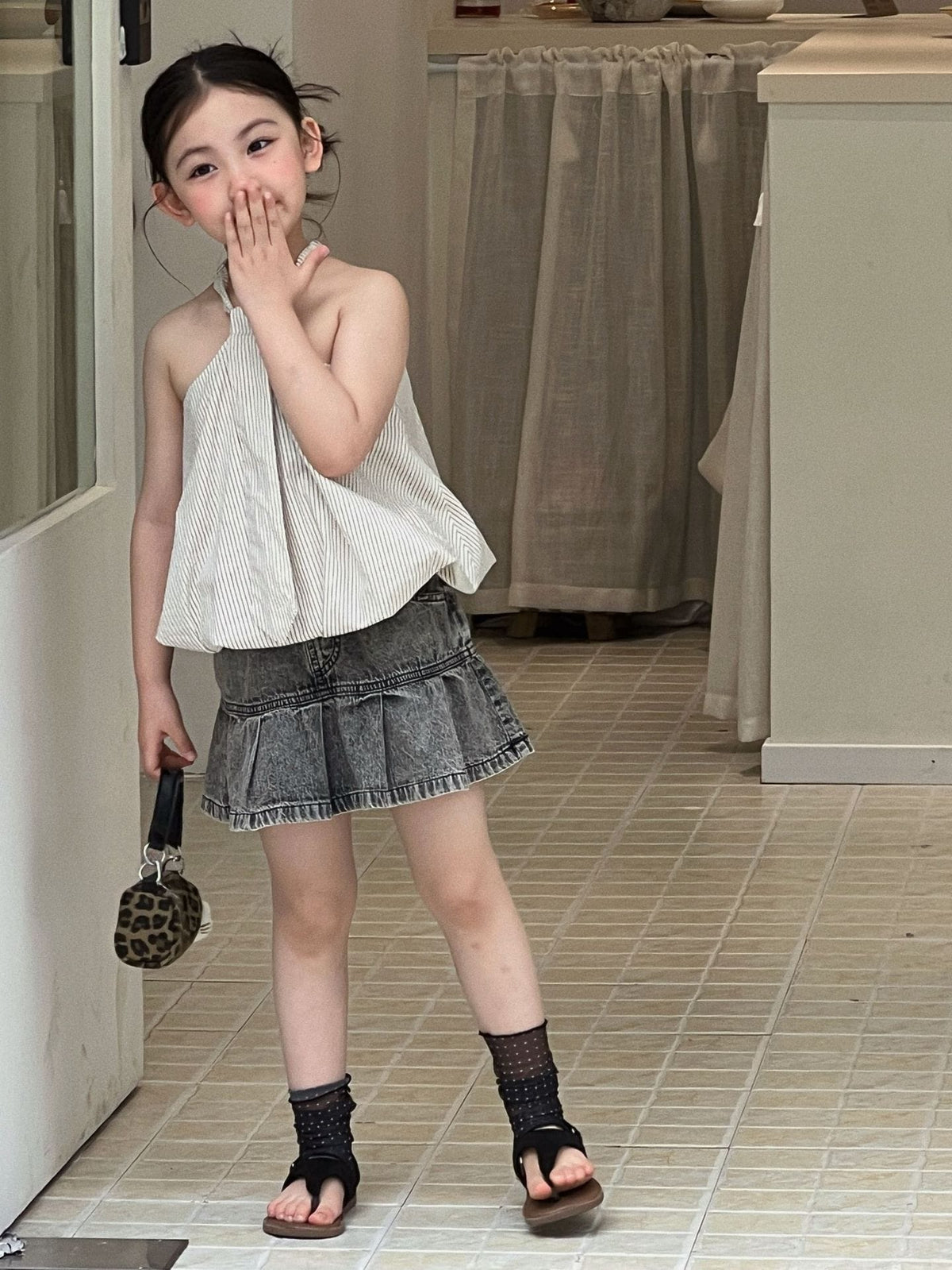Slab Top Denim Skirt Pants ストライプ ノースリーブトップス デニムパンツインスカート【mh0013296】 Mu Zika ノースリーブセットアップ