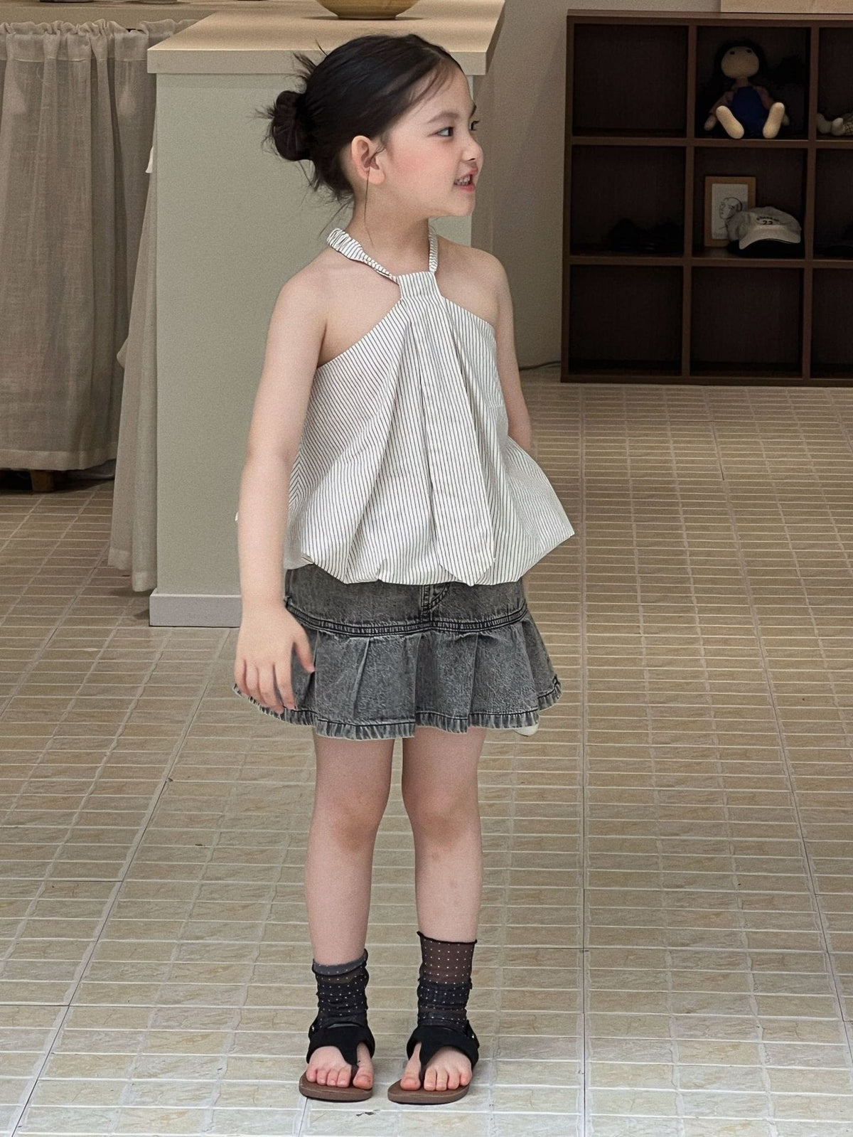 Slab Top Denim Skirt Pants ストライプ ノースリーブトップス デニムパンツインスカート【mh0013296】 Mu Zika ノースリーブセットアップ