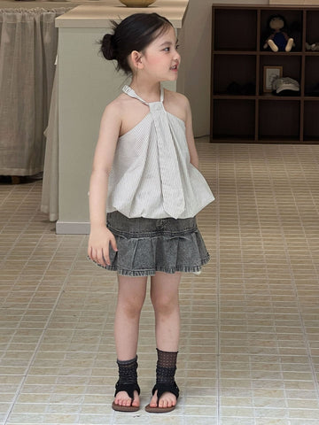 Slab Top Denim Skirt Pants ストライプ ノースリーブトップス デニムパンツインスカート【mh0013296】 Mu Zika ノースリーブセットアップ
