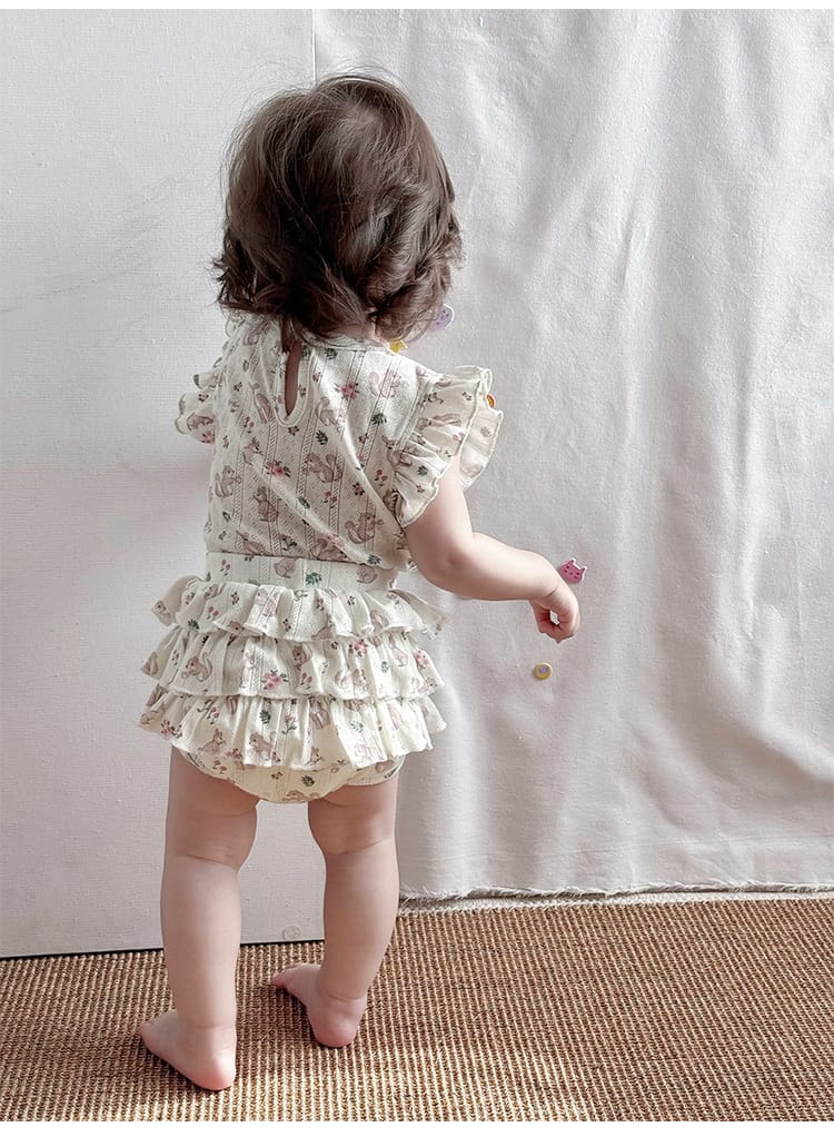 Sleeveless Animal Print Ruffle Separates アニマル フレンチスリーブTシャツ ショートパンツ ロンパース【mh0013587】 Beitaoya ノースリーブロンパース