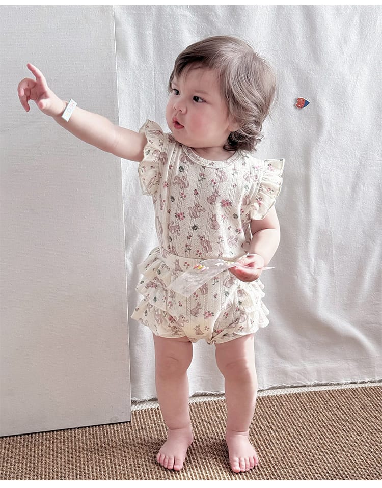 Sleeveless Animal Print Ruffle Separates アニマル フレンチスリーブTシャツ ショートパンツ ロンパース【mh0013587】 Beitaoya ノースリーブロンパース