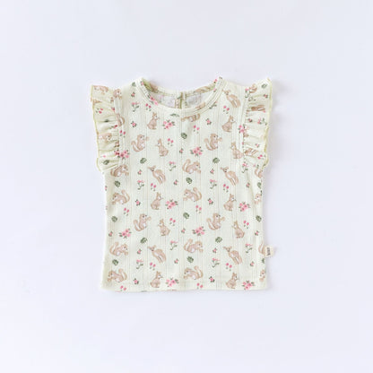Sleeveless Animal Print Ruffle Separates アニマル フレンチスリーブTシャツ ショートパンツ ロンパース【mh0013587】 Light Green Tops / 66cm Beitaoya ノースリーブロンパース