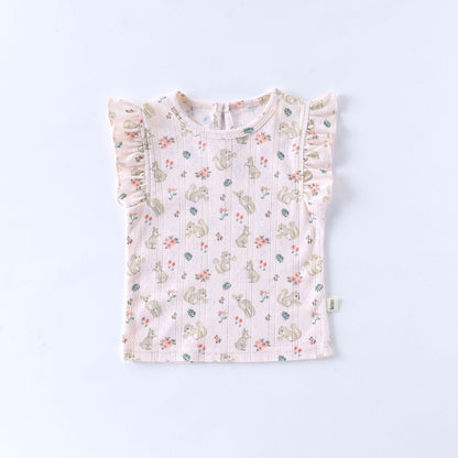 Sleeveless Animal Print Ruffle Separates アニマル フレンチスリーブTシャツ ショートパンツ ロンパース【mh0013587】 Pink Tops / 66cm Beitaoya ノースリーブロンパース