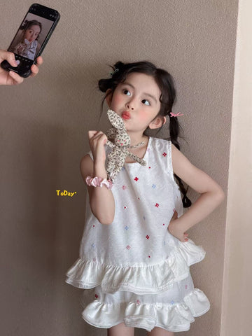 Sleeveless Embroidered Floral Ruffle Top Skirt Set フリル ノースリーブトップス スカート セット【mh0013290】 Mu Zika ノースリーブセットアップ