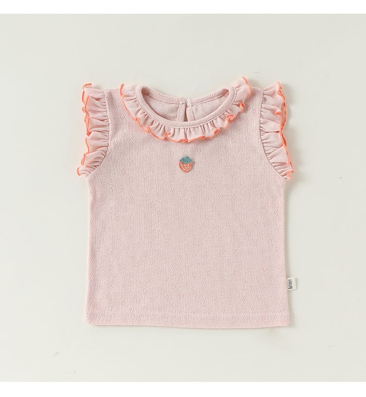 Sleeveless Embroidered Ruffle Top Shorts フルーツ ノースリーブカットソー ブルマパンツ【mh0013497】 Beitaoya ノースリーブセットアップ