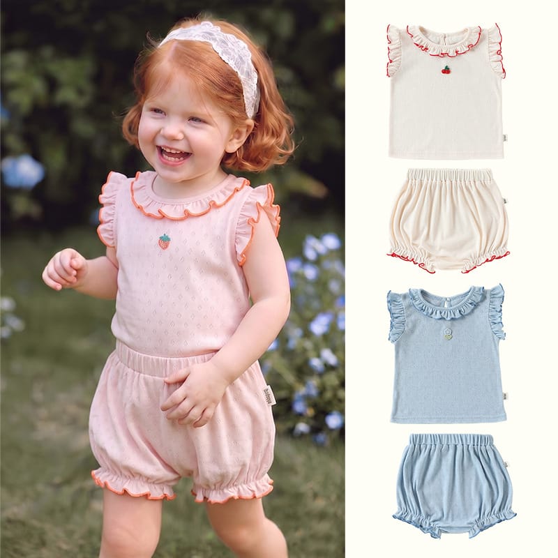 Sleeveless Embroidered Ruffle Top Shorts フルーツ ノースリーブカットソー ブルマパンツ【mh0013497】 Beitaoya ノースリーブセットアップ