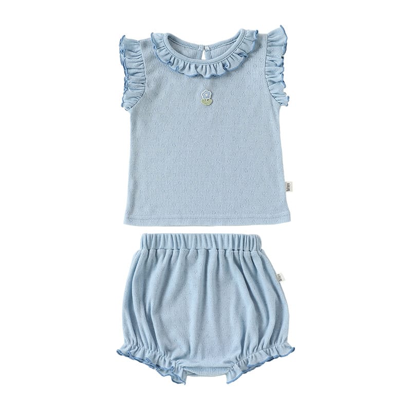 Sleeveless Embroidered Ruffle Top Shorts フルーツ ノースリーブカットソー ブルマパンツ【mh0013497】 Blue / 73cm Beitaoya ノースリーブセットアップ