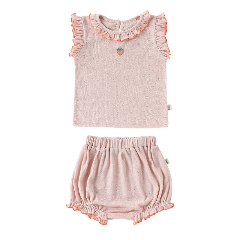 Sleeveless Embroidered Ruffle Top Shorts フルーツ ノースリーブカットソー ブルマパンツ【mh0013497】 Pink / 73cm Beitaoya ノースリーブセットアップ