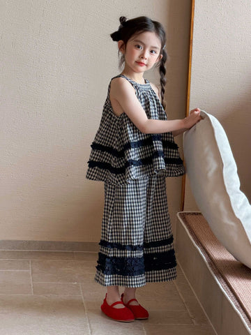 Sleeveless Flaid Flange Top Wide-Leg Pants Set チェック ノースリーブトップス ワイドパンツ【mh0013292】 Mu Zika ノースリーブセットアップ