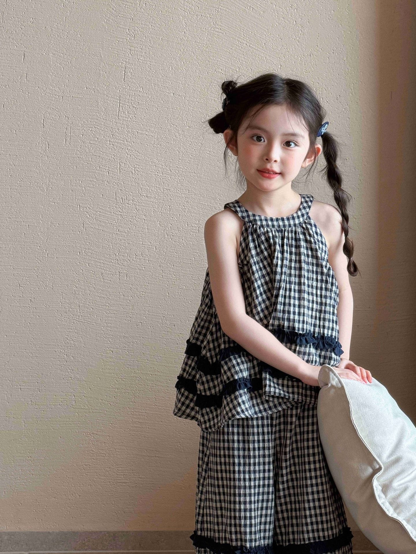 Sleeveless Flaid Flange Top Wide-Leg Pants Set チェック ノースリーブトップス ワイドパンツ【mh0013292】 Mu Zika ノースリーブセットアップ