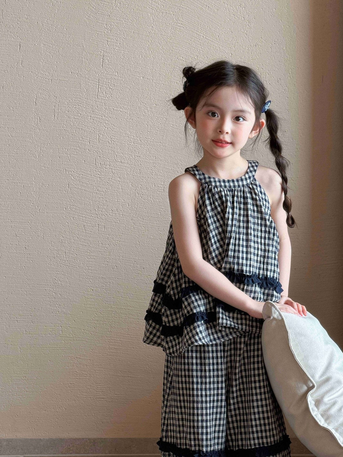 Sleeveless Flaid Flange Top Wide-Leg Pants Set チェック ノースリーブトップス ワイドパンツ【mh0013292】 Mu Zika ノースリーブセットアップ