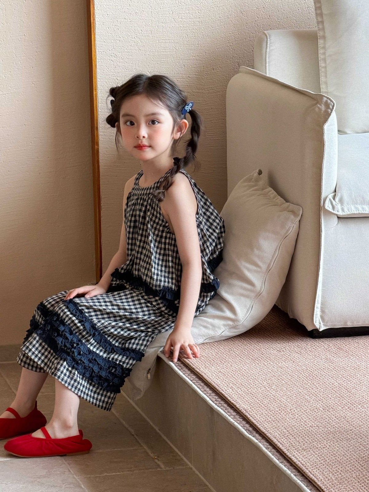 Sleeveless Flaid Flange Top Wide-Leg Pants Set チェック ノースリーブトップス ワイドパンツ【mh0013292】 Mu Zika ノースリーブセットアップ