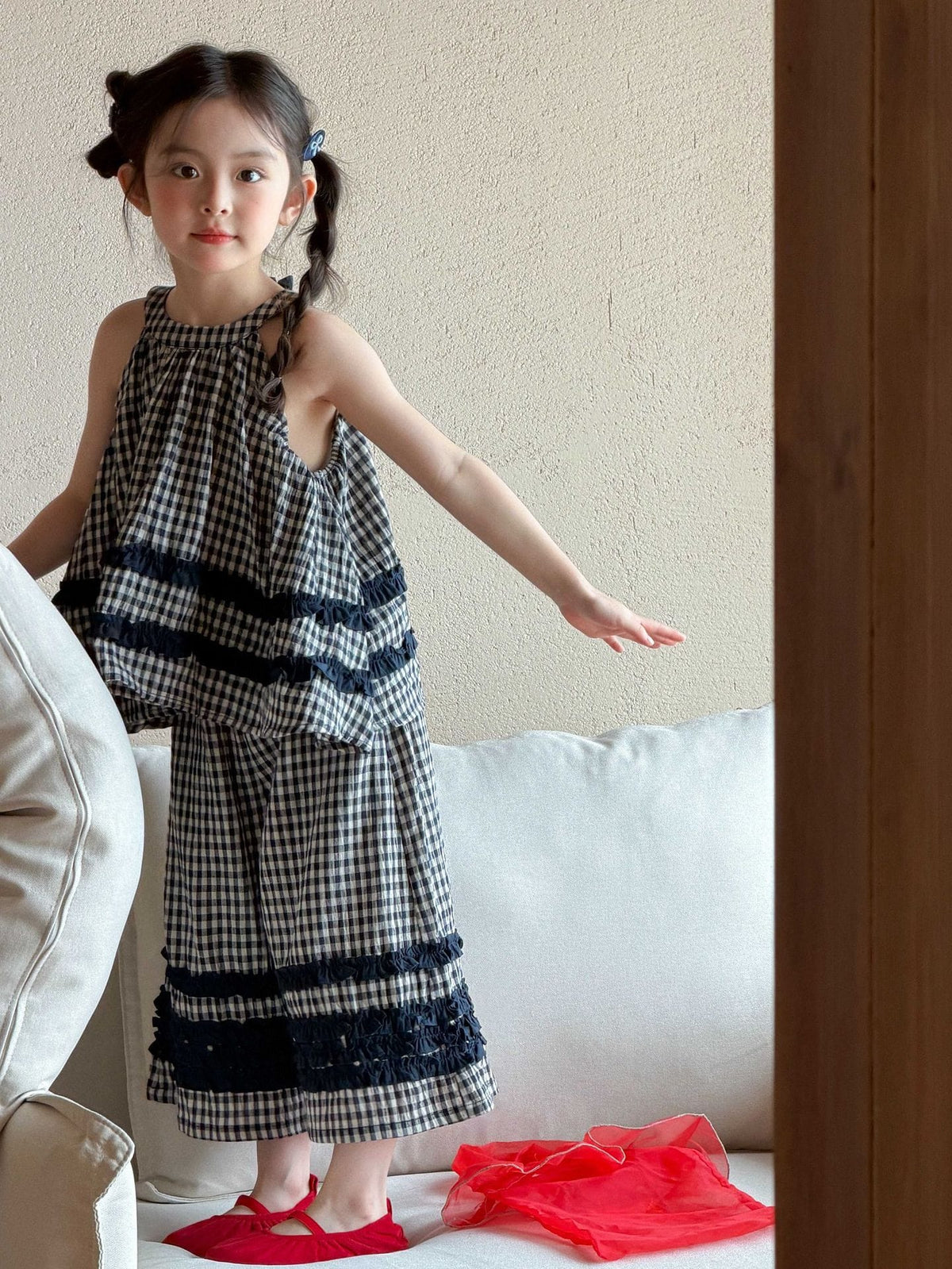 Sleeveless Flaid Flange Top Wide-Leg Pants Set チェック ノースリーブトップス ワイドパンツ【mh0013292】 Mu Zika ノースリーブセットアップ