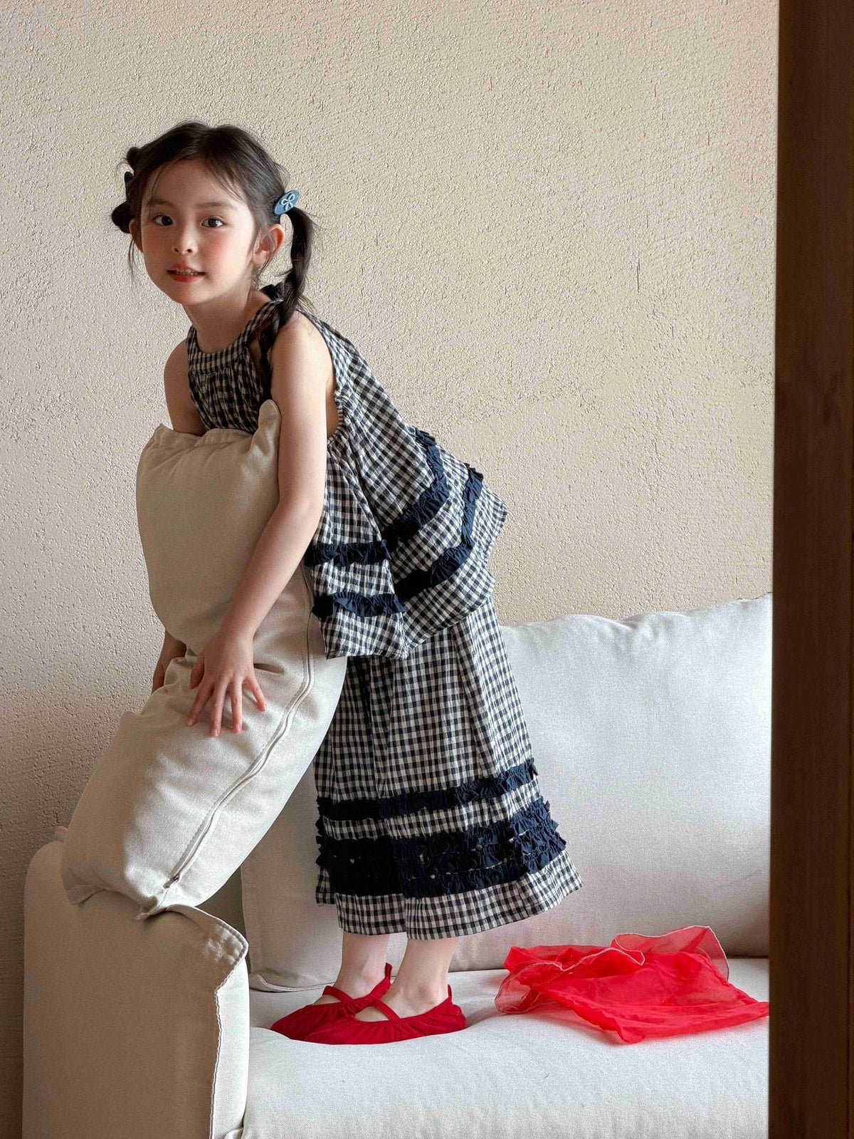 Sleeveless Flaid Flange Top Wide-Leg Pants Set チェック ノースリーブトップス ワイドパンツ【mh0013292】 Mu Zika ノースリーブセットアップ