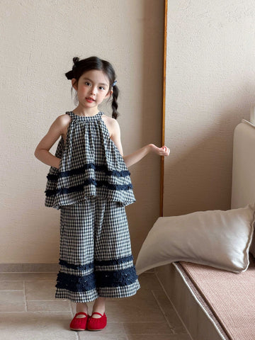 Sleeveless Flaid Flange Top Wide-Leg Pants Set チェック ノースリーブトップス ワイドパンツ【mh0013292】 Plaid / 90cm Mu Zika ノースリーブセットアップ