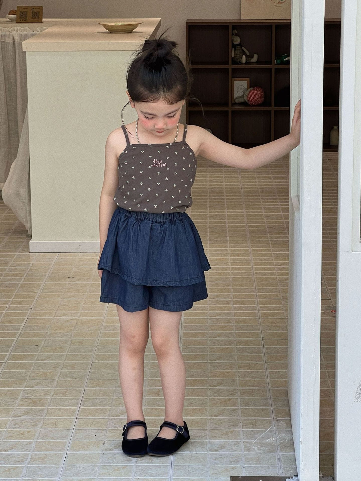 Sleeveless Floral Camisole Vest Tiered Denim Shorts キャミソール ショートパンツ【mh0013293】 Mu Zika ノースリーブセットアップ