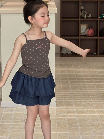 Sleeveless Floral Camisole Vest Tiered Denim Shorts キャミソール ショートパンツ【mh0013293】 Mu Zika ノースリーブセットアップ