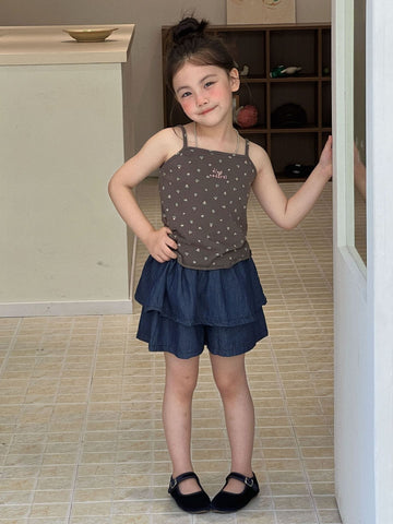 Sleeveless Floral Camisole Vest Tiered Denim Shorts キャミソール ショートパンツ【mh0013293】 Mu Zika ノースリーブセットアップ