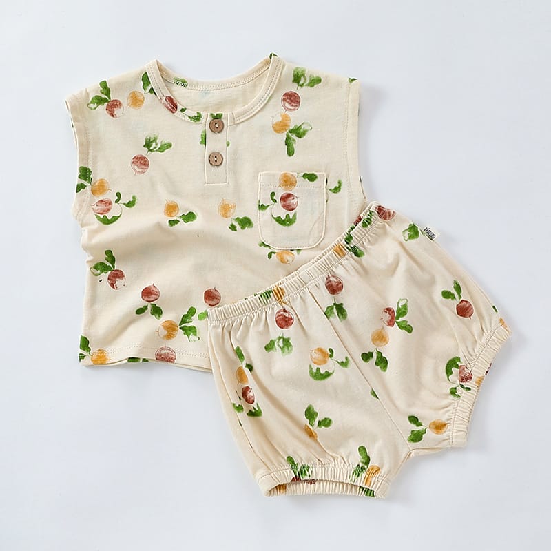 Sleeveless Fruit Pattern Shorts Set フルーツ 半袖Tシャツ ショートパンツ セット【mh0013586】 Apricot / 73cm Beitaoya ノースリーブセットアップ