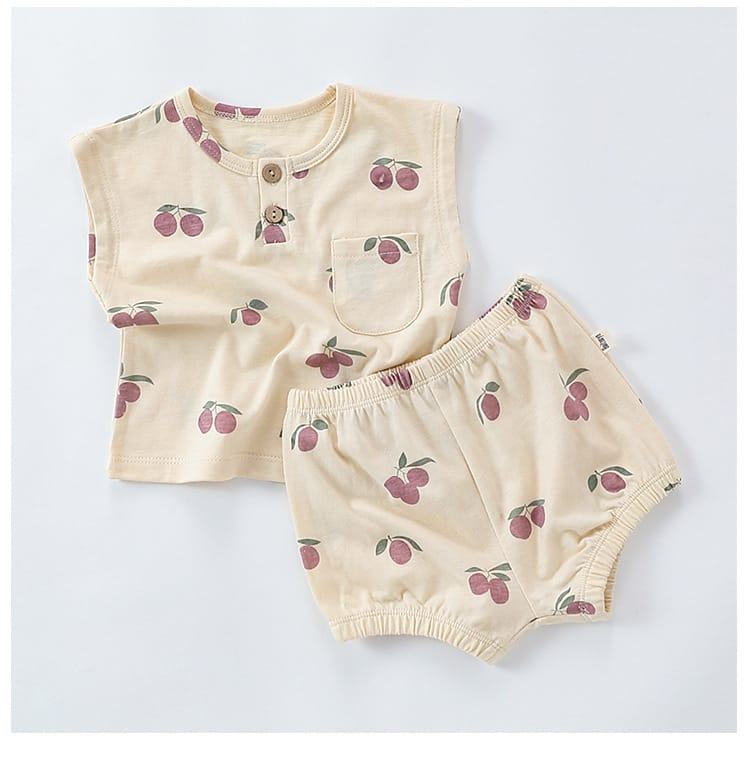 Sleeveless Fruit Pattern Shorts Set フルーツ 半袖Tシャツ ショートパンツ セット【mh0013586】 Beitaoya ノースリーブセットアップ