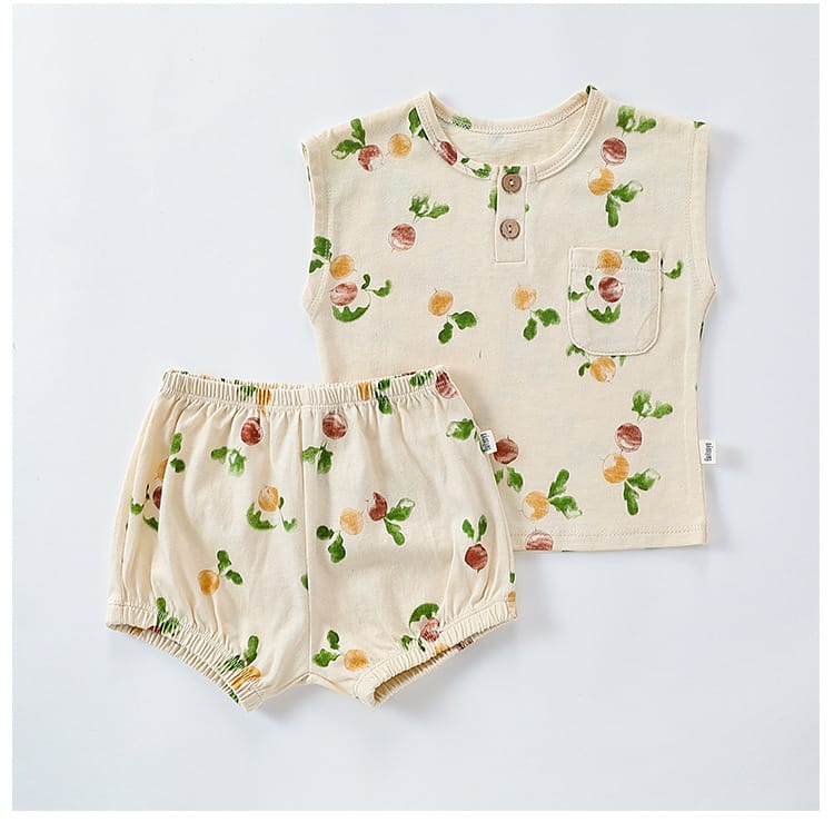 Sleeveless Fruit Pattern Shorts Set フルーツ 半袖Tシャツ ショートパンツ セット【mh0013586】 Beitaoya ノースリーブセットアップ
