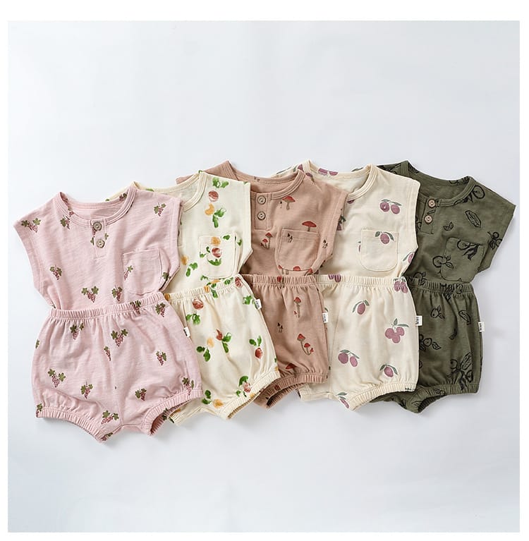 Sleeveless Fruit Pattern Shorts Set フルーツ 半袖Tシャツ ショートパンツ セット【mh0013586】 Beitaoya ノースリーブセットアップ