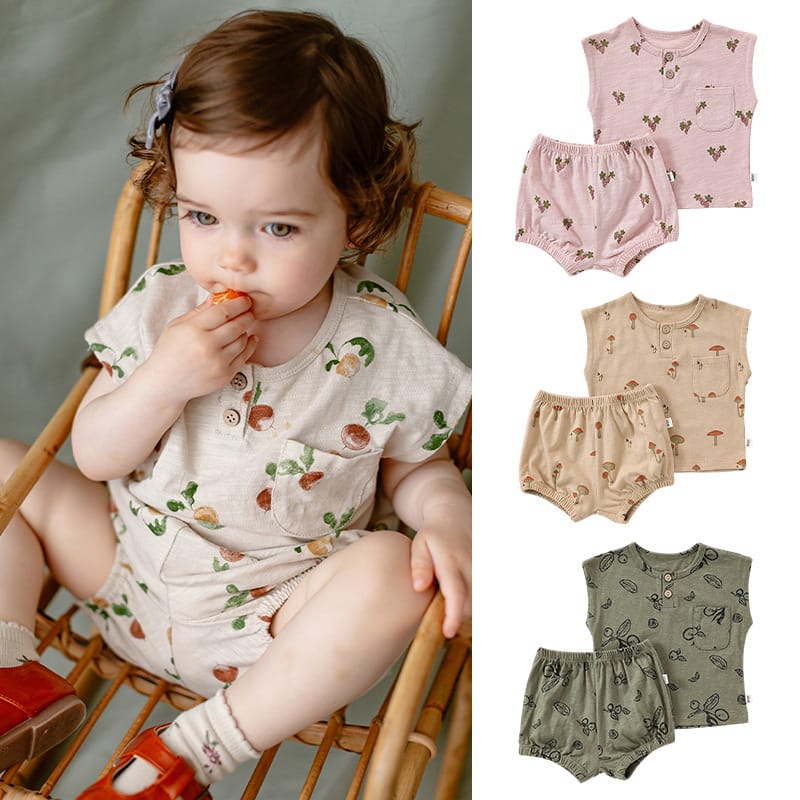 Sleeveless Fruit Pattern Shorts Set フルーツ 半袖Tシャツ ショートパンツ セット【mh0013586】 Beitaoya ノースリーブセットアップ