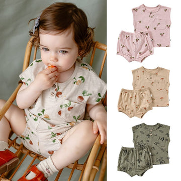 Sleeveless Fruit Pattern Shorts Set フルーツ 半袖Tシャツ ショートパンツ セット【mh0013586】 Beitaoya ノースリーブセットアップ